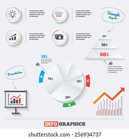 Pyramid chart with three options. Chart with arrow, brainstorm icons. Cash money and lamp idea signs. Scheme and Diagram symbol. Infographic background with pie chart and demand curve. Vector
