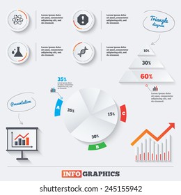 Pyramid chart with three options. Attention and DNA icons. Chemistry flask sign. Atom symbol. Infographic background with pie chart and demand curve. Vector