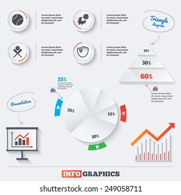 Pyramid chart with three options. Baseball sport icons. Ball with glove and two crosswise bats signs. Fireball symbol. Infographic background with pie chart and demand curve. Vector