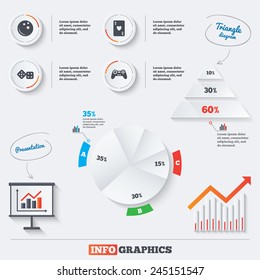 Pyramid chart with three options. Bowling and Casino icons. Video game joystick and playing card with dice symbols. Entertainment signs. Infographic background with pie chart and demand curve. Vector