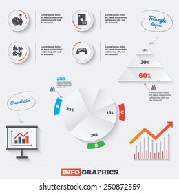 Pyramid chart with three options. Bowling and Casino icons. Video game joystick and playing card with puzzles pieces symbols. Entertainment signs. Infographic background with pie chart and demand.