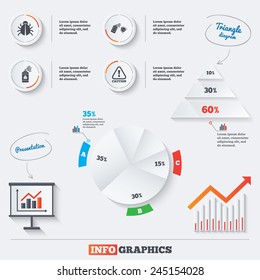 Pyramid chart with three options. Bug disinfection icons. Caution attention symbol. Insect fumigation spray sign. Infographic background with pie chart and demand curve. Vector