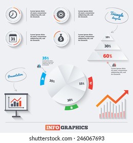 Pyramid chart with three options. Business icons. Calendar and mechanical clock signs. Dollar money bag and gear symbols. Infographic background with pie chart and demand curve. Vector