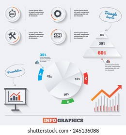 Pyramid chart with three options. Coming soon icon. Repair service tool and gear symbols. Hammer with wrench signs. 404 Not found. Infographic background with pie chart and demand curve. Vector