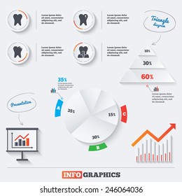 Pyramid chart with three options. Dental care icons. Caries tooth sign. Tooth endosseous implant symbol. Infographic background with pie chart and demand curve. Vector