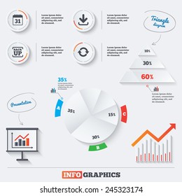 Pyramid chart with three options. Download and Backup data icons. Calendar and rotation arrows sign symbols. Infographic background with pie chart and demand curve. Vector