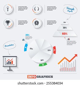 Pyramid chart with three options. First place award cup icons. Laurel wreath sign. Torch fire flame symbol. Prize for winner. Infographic background with pie chart and demand curve. Vector