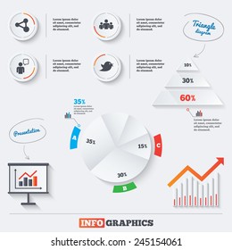 Pyramid chart with three options. Group of people and share icons. Speech bubble and twitter retweet symbols. Communication signs. Infographic background with pie chart and demand curve. Vector