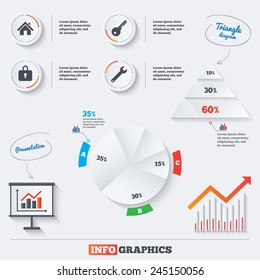 Pyramid chart with three options. Home key icon. Wrench service tool symbol. Locker sign. Main page web navigation. Infographic background with pie chart and demand curve. Vector