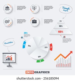 Pyramid chart with three options. Human resources and Business icons. Presentation board with charts signs. Case and gear symbols. Infographic background with pie chart and demand curve. Vector