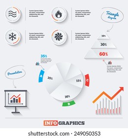 Pyramid Chart With Three Options. HVAC Icons. Heating, Ventilating And Air Conditioning Symbols. Water Supply. Climate Control Technology Signs. Infographic Background With Pie Chart And Demand Curve.