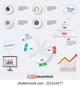 Pyramid Chart With Three Options. HVAC Icons. Heating, Ventilating And Air Conditioning Symbols. Water Supply. Climate Control Technology Signs. Infographic Background With Pie Chart And Demand Curve.