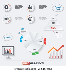 Pyramid chart with three options. Information sign. Group of people and speaker volume symbols. Internet globe sign. Communication icons. Infographic background with pie chart and demand curve. Vector