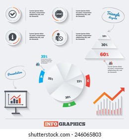 Pyramid chart with three options. Information icons. Stop prohibition and user blacklist signs. Approved check mark symbol. Infographic background with pie chart and demand curve. Vector
