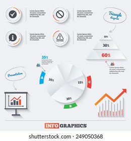 Pyramid chart with three options. Information icons. Stop prohibition and attention caution signs. Approved check mark symbol. Infographic background with pie chart and demand curve. Vector