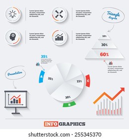Pyramid chart with three options. Lamp idea and head with gear icons. Graph chart diagram sign. Teamwork symbol. Infographic background with pie chart and demand curve. Vector