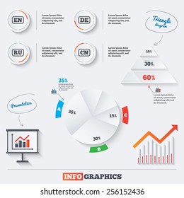Pyramid chart with three options. Language icons. EN, DE, RU and CN translation symbols. English, German, Russian and Chinese languages. Infographic background with pie chart and demand curve. Vector
