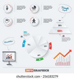 Pyramid chart with three options. Maternity icons. Baby infant, pregnancy and buggy signs. Baby carriage pram stroller symbols. Head with heart. Infographic background with pie chart and demand curve.