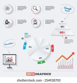 Pyramid chart with three options. Medical icons. Atom, magnifier glass, checklist signs. Medical heart pills bottle symbol. Pharmacy medicine drugs. Infographic background with pie chart. Vector
