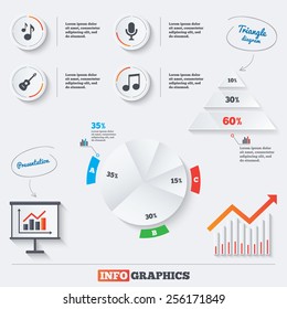 Pyramid chart with three options. Music icons. Microphone karaoke symbol. Music notes and acoustic guitar signs. Infographic background with pie chart and demand curve. Vector