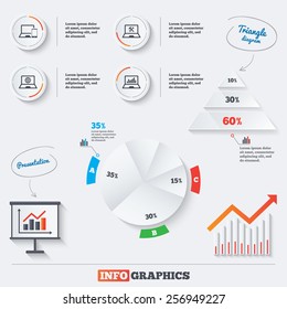 Pyramid chart with three options. Notebook laptop pc icons. Internet globe sign. Repair fix service symbol. Monitoring graph chart. Infographic background with pie chart and demand curve. Vector