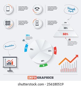 Pyramid chart with three options. Phone icons. Smartphone with Qr code sign. Call center support symbol. Cellphone keyboard symbol. Infographic background with pie chart and demand curve. Vector