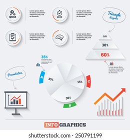 Pyramid chart with three options. Quiz icons. Human brain think. Checklist and stopwatch timer symbol. Survey poll or questionnaire feedback form sign. Infographic background with pie chart. Vector
