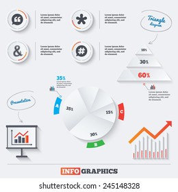 Pyramid chart with three options. Quote, asterisk footnote icons. Hashtag social media and ampersand symbols. Programming logical operator AND sign. Speech bubble. Infographic background. Vector