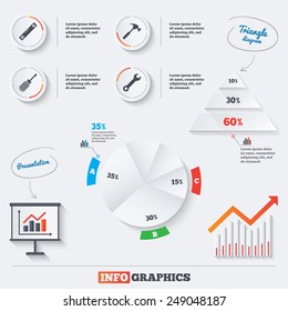 Pyramid chart with three options. Screwdriver and wrench key tool icons. Bubble level and hammer sign symbols. Infographic background with pie chart and demand curve. Vector