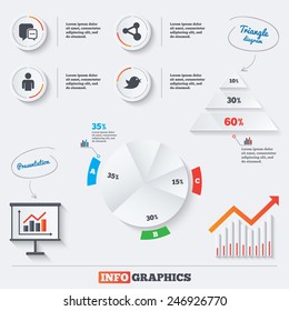 Pyramid chart with three options. Social media icons. Chat speech bubble and Share link symbols. Short messages twitter retweet sign. Human person profile. Infographic background with pie chart.