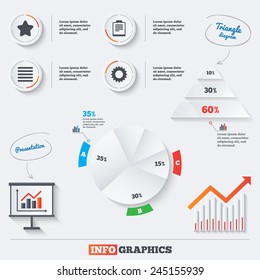 Pyramid chart with three options. Star favorite and menu list icons. Checklist and cogwheel gear sign symbols. Infographic background with pie chart and demand curve. Vector