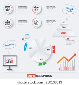 Pyramid chart with three options. Strike icon. Storm bad weather and group of people signs. Delayed flight symbol. Infographic background with pie chart and demand curve. Vector