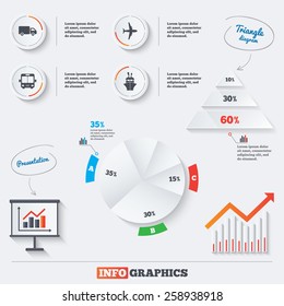 Pyramid chart with three options. Transport icons. Truck, Airplane, Public bus and Ship signs. Shipping delivery symbol. Air mail delivery sign. Infographic background with pie chart and demand curve.
