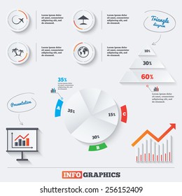 Pyramid chart with three options. Travel trip icon. Airplane, world globe symbols. Palm tree and Beach umbrella signs. Infographic background with pie chart and demand curve. Vector