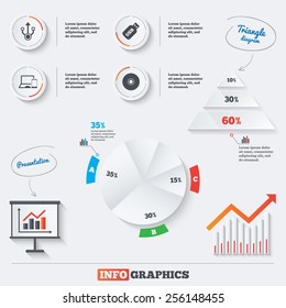 Pyramid chart with three options. Usb flash drive icons. Notebook or Laptop pc symbols. Smartphone device. CD or DVD sign. Compact disc. Infographic background with pie chart and demand curve. Vector