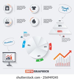 Pyramid chart with three options. Wash machine icon. Hand wash. T-shirt clothes symbol. Laundry washhouse and water drop signs. Not machine washable. Infographic background with pie chart. Vector
