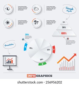 Pyramid chart with three options. Weather icons. Moon and stars night. Cloud and sun signs. Storm or thunderstorm with lightning symbol. Infographic background with pie chart and demand curve. Vector