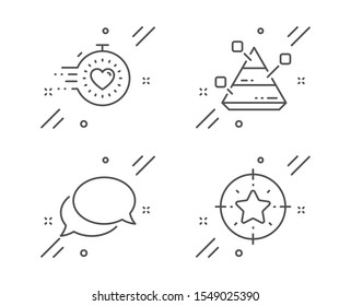 Pyramid chart, Timer and Messenger line icons set. Star target sign. Report analysis, Deadline management, Speech bubble. Winner award. Education set. Line pyramid chart outline icon. Vector