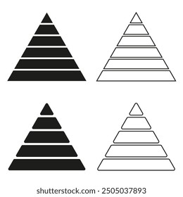 Pyramidendiagramm-Vektorsatz. Hierarchische Formen mit Schichten. Schwarz-weiße Pyramiden. Infografische Elemente.