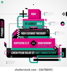 Pyramid chart in weird geometric style with abstract shapes and flashy colors. EPS10 vector template