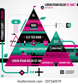 Pyramid chart in weird geometric style with abstract shapes and flashy colors. EPS10 vector template