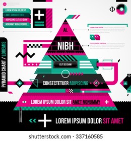 Pyramid chart in weird geometric style with abstract shapes and flashy colors. EPS10 vector template