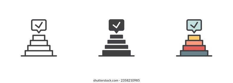 Pyramid with check mark different style icon set. Line, glyph and filled outline colorful version, outline and filled vector sign. Achievement, success symbol, logo illustration. Vector graphics