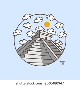 Pyramid Chichen Itza Vector Design with clouds