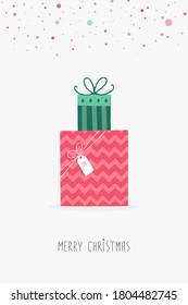 A pyramid of Christmas gifts in a cartoon style. Vertical vector illustration with cute elements for postcards, banners, calendars, notebooks, textiles and packaging. Place for your text. Eps, 10