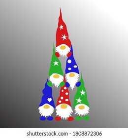 Pyramid of Christmas gnomes. Christmas tree made from gnomes.