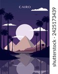 Pyramid complex, Cairo retro city poster with abstract shapes of skyline, buildings at night. Vintage Egypt landmark travel vector illustration