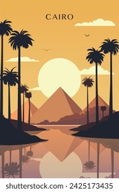 Pyramid complex, Cairo retro city poster with abstract shapes of skyline, buildings. Vintage Egypt landmark travel vector illustration
