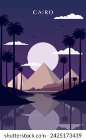 Pyramid complex, Cairo retro city poster with abstract shapes of skyline, buildings at night. Vintage Egypt landmark travel vector illustration