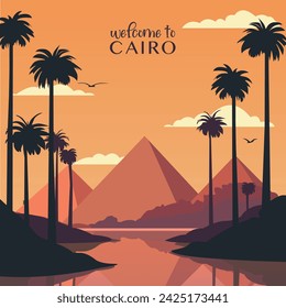 Pyramidenkomplex, Cairo Retro-Stadtplakat mit abstrakten Formen der Skyline, Gebäude. Vintage Ägypten Wahrzeichen Reise Vektor-Illustration